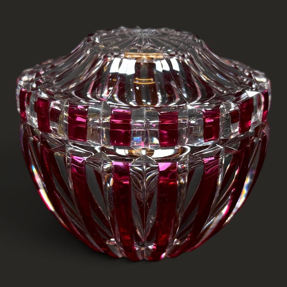 3" Val Saint Lambert Cranberry Cut to clear Trinket Jewelry Box Vintage Glass